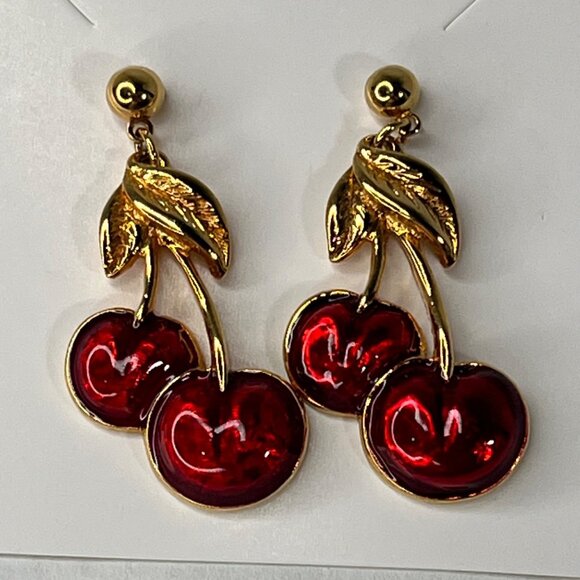 Vintage 80's Avon Cherry Dangle Earrings Gold tone Leaves & Red Enamel Finish - Picture 1 of 3